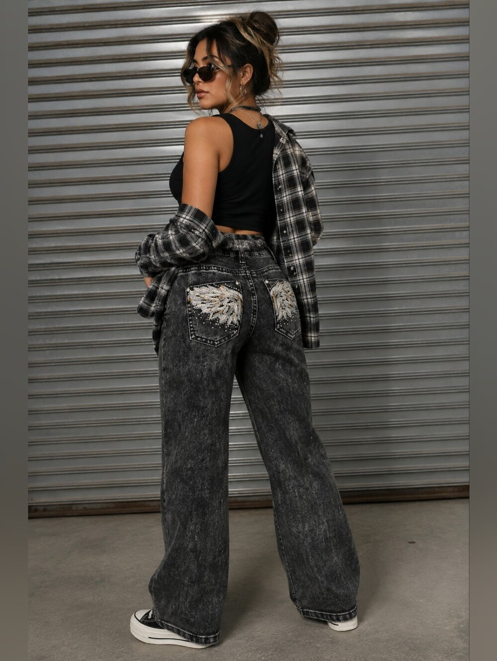 Telepatía Acid Wash Wide Leg Jeans US 7 | Rhinestone Angel Wing - Picture 1 of 7